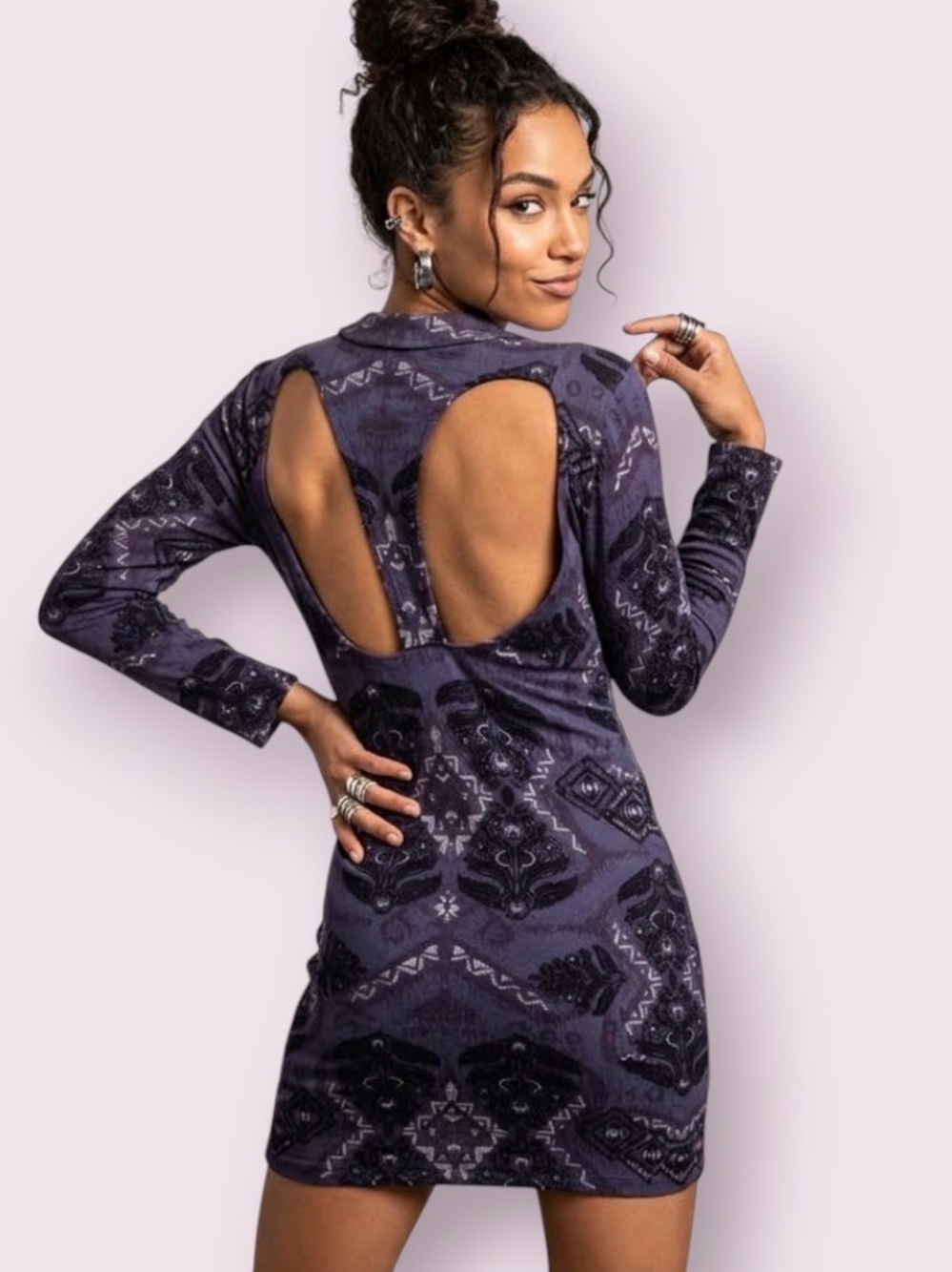 Free People Cute N Cozy Bodycon Mini Dress Back Cutouts Blue Black Boho Medium